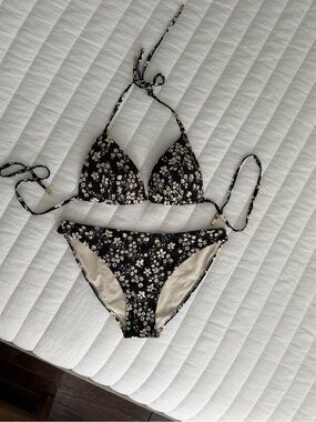 H&M Floral Triangle Bikini Set - Black/Cream